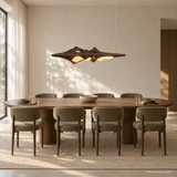 Luma Haven Wood Pendant Light, Walnut Color, above a long dining table in daylight