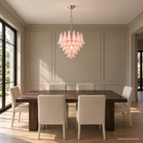 Pella Stone Glass Chandelier Pink Cloud in an American dining room