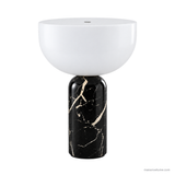 Vian Linden Marble Table Lamp in Black, unlit with a white shade on a white background.
