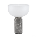 Vian Linden Marble Table Lamp in Grey, unlit with a white shade on a white background.
