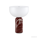 Vian Linden Marble Table Lamp in Dark red, unlit with a white shade on a white background.
